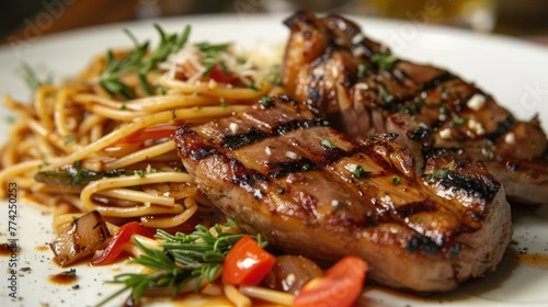 Showcase the deliciousness of a meal with a prompt featuring a plate of spaghetti adorned with grilled meat and vegetables