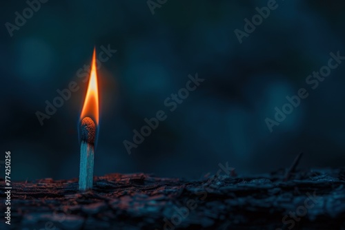 A macro shot of a solitary match with a bright flame standing against a moody, dark blue background. photo