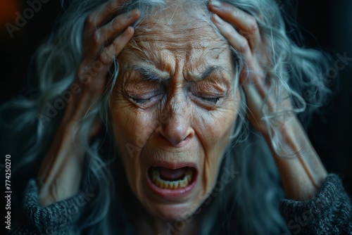 The image shows a senior woman with eyes closed, expressing deep sorrow