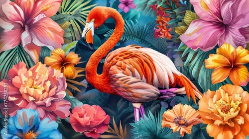 Tropical watercolor art, a pink flamingo standing amidst a burst of colorful flowers, perfect for elegant greeting cards or summer fabric prints.