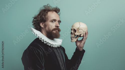Modern photo of William Shakespeare holding a skull in his hand, isolated on trendy pastel background. © stefanholm