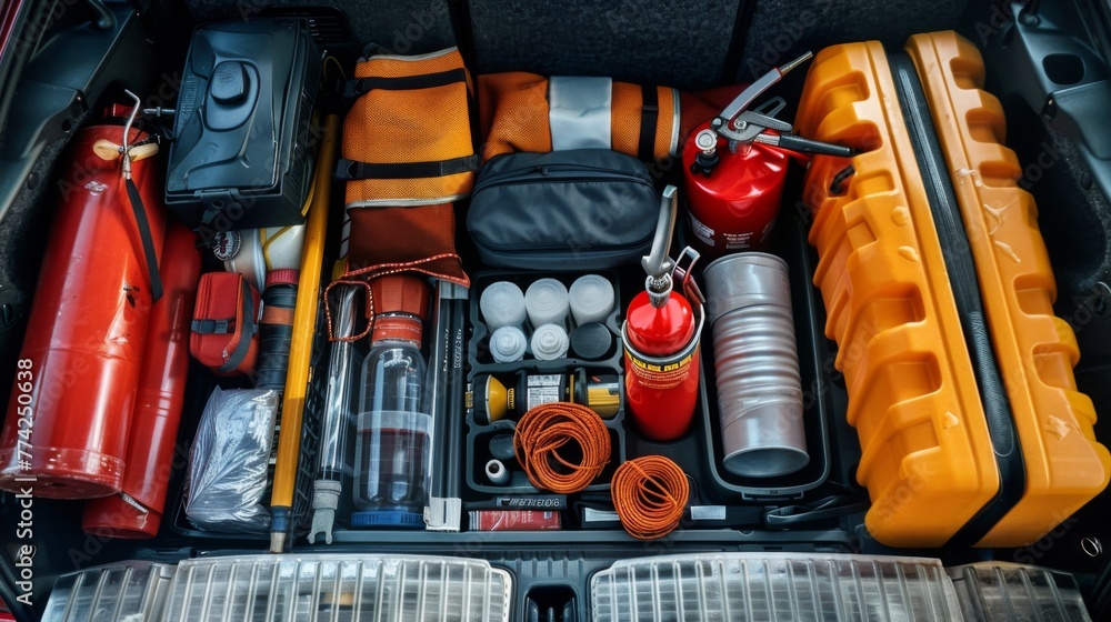 Red fire extinguisher placed in the trunk of a car, with clear labels and instructions visible