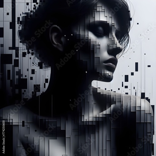 ai generated hyper realistic beautiful woman in a dark  moody atmosphere in the style of a SCI-FI thriller movie poster with abstract lines and geometric shapes