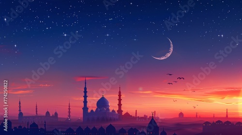 Creative depiction of an Eid celebration, with the skyline of a mosque under the stars and moon, against an ombre sky of night blue to sunrise orange, evoking feelings of tranquility and contemplation