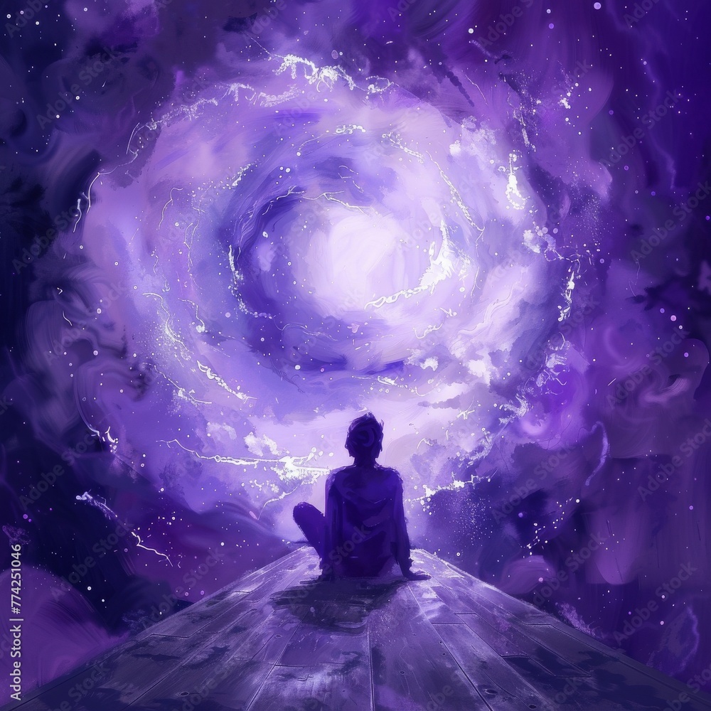 A dreamer before a board of endless questions, enveloped in a mysterious violet aura, where discovery beckons