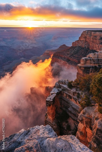 Majestic landscape of rugged lands Grand Canyon in winter with snow.