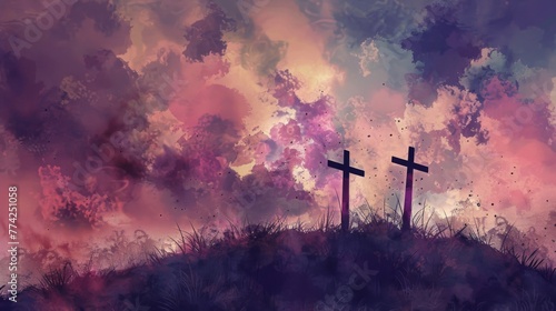 Silhouette of crosses on a hill with a dramatic sky in the background