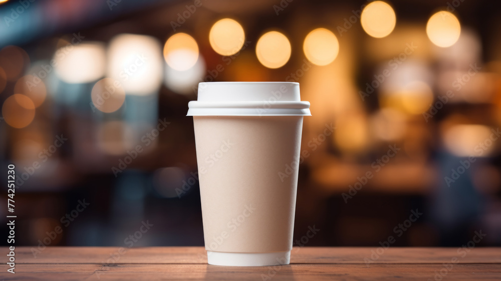 Paper cup of coffee on a wooden table in a coffee shop. Space for text and design. Paper cup of coffee on a wooden table in a coffee shop. Space for text and design.
