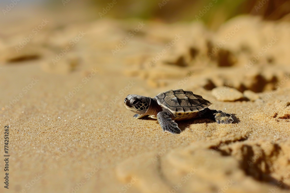 little turtle crawling a sandy beach
