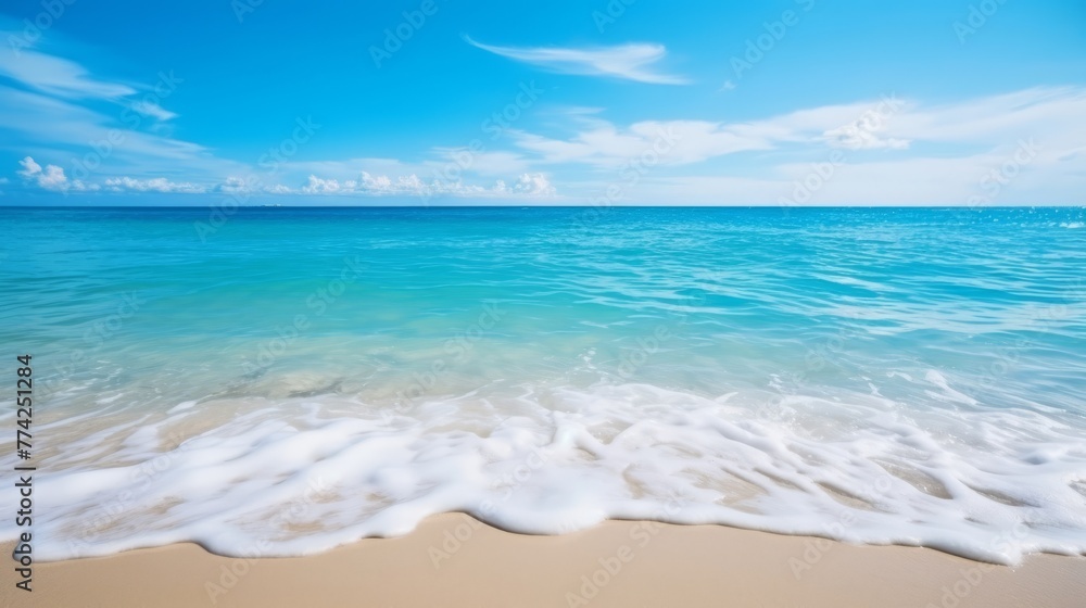 Summer background, tropical sea shore with beautiful blue water and sunny day. Copy space.