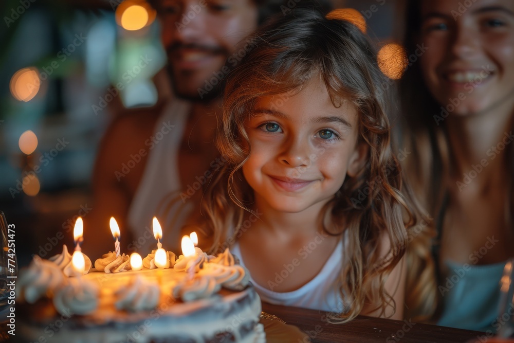 A jubilant child with her family and a birthday cake with candles ready to make a wish A jubilant child with her family and a birthday cake with candles ready to make a wish