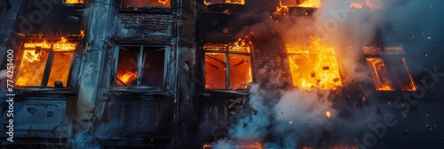 Close-up of a building facade, with flames visible through broken windows and smoke pouring out