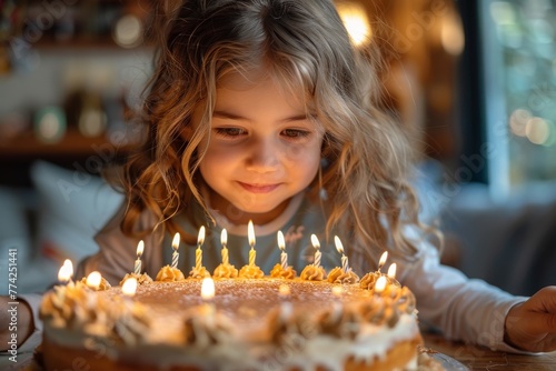 A young girl focusing intently on a birthday cake with flickering candles  reflecting the light in her eyes