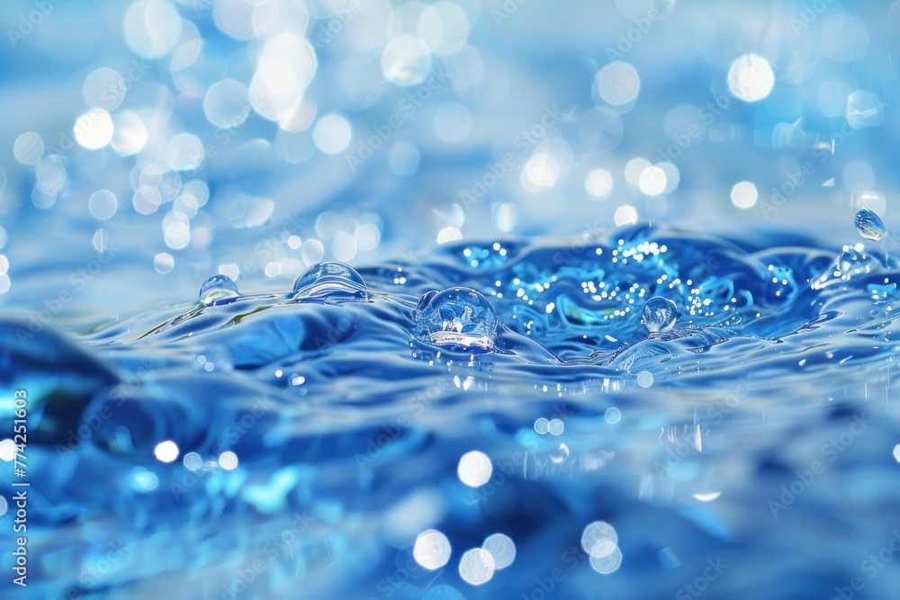 Macro water drops in blue clear drinking water, panorama