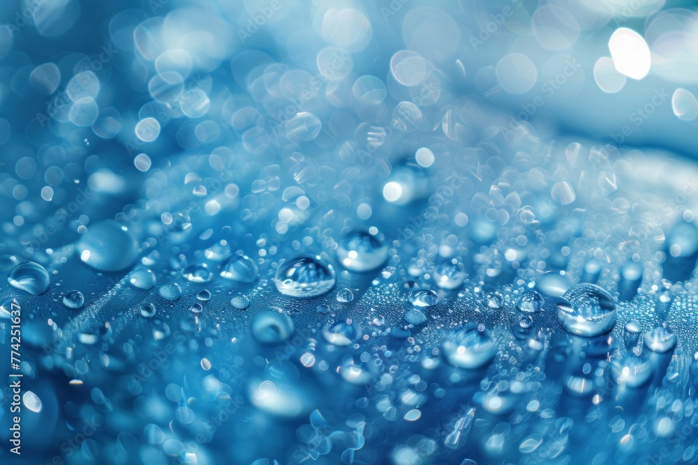 Macro water drops in blue clear drinking water, panorama