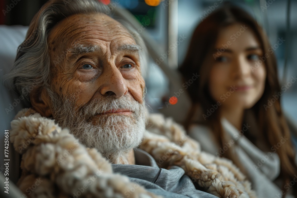 An elderly man with a beard and glasses ponders life while a young woman looks on, creating a poignant scene