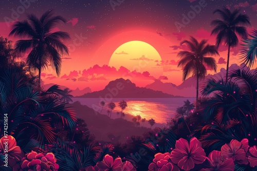 In this vibrant retro style, tropical palm tree silhouettes, an island, leaves, and flowers repeat. Modern art perfect for summer designs, prints, exotic wallpaper, fabrics and more.