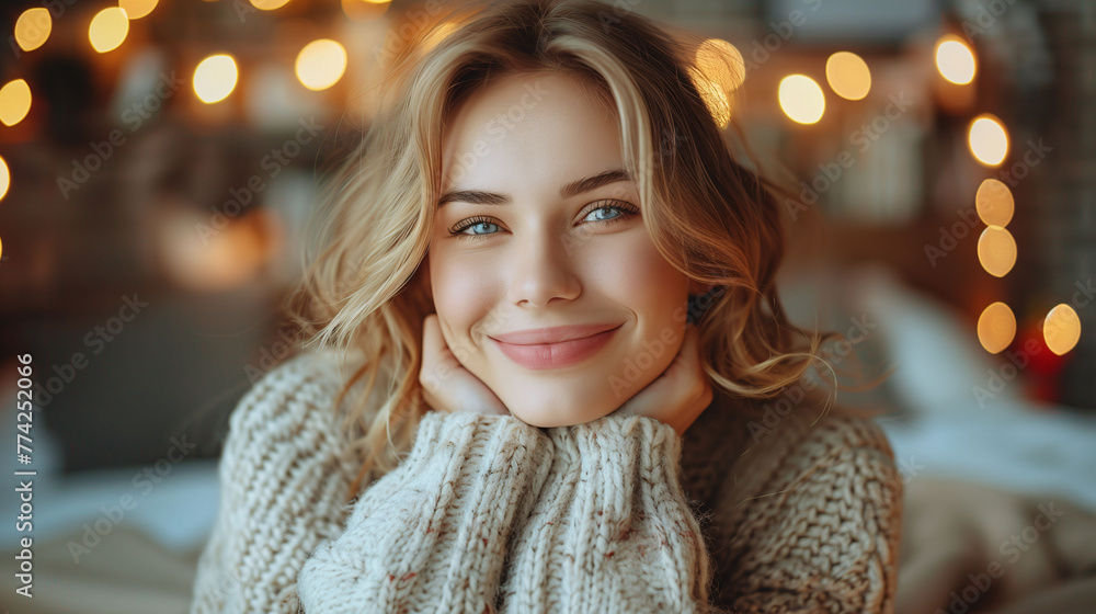 Portrait of a smiling woman in a cozy sweater with warm fairy lights in the background. Portrait of a smiling woman in a cozy sweater with warm fairy lights in the background.