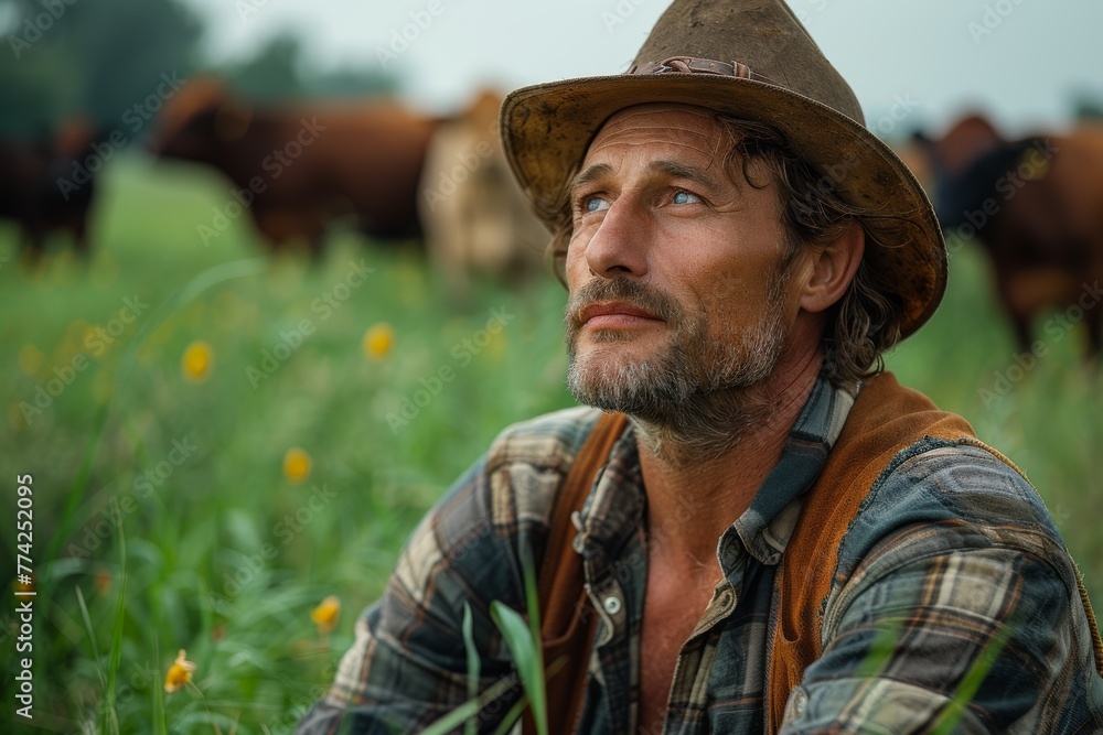 A cowboy in a hat gazes into the distance on a farming landscape with contemplative eyes and calm