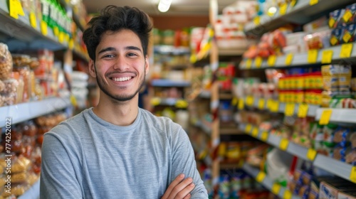 Grocery store owner, standing in front of shelves with various products, smiling warmly at the camera