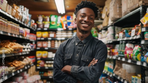 Grocery store owner, standing in front of shelves with various products, smiling warmly at the camera