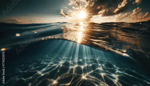 Radiant sunbeams pierce the ocean, highlighting the mesmerizing patterns of light in the waters below