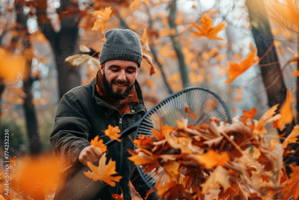 man with a fan rake picking up fallen leaves in autumn