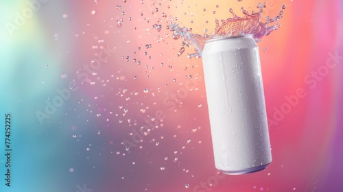 White empty soda can mockup floating in the air on neon abstract background photo