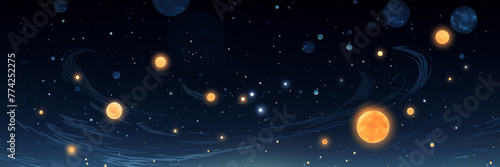 Planets and stars in dark space, mystery of universe background banner. Panoramic web header. Wide screen wallpaper