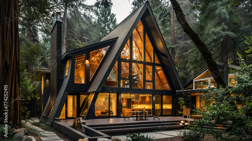modern a frame house in the woods, interior, room, table, home, chair, house, window, furniture, hotel, wood, sofa, architecture, living room, living, indoor, inside, luxury, nobody, floor, indoors