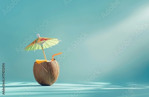 A tropical cocktail bar in the shape of a coconut with an umbrella, floating on a blue background Generative AI