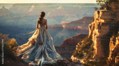 Elegant lady with long skirt standing in Grand Canyon with majestic view. photo