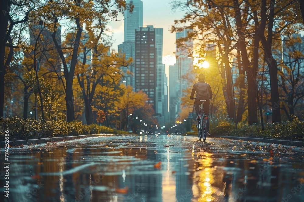 A cyclist travels along a wet park path with the city skyline glowing with the early morning light