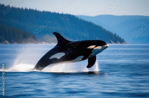 A large killer whale jumps over the sea near the island in the rays of the sun. Animals in the wild © Krystsina