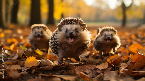 family group of hedgehogs posing in the autumn forest, community collective wildlife leaf fall in October