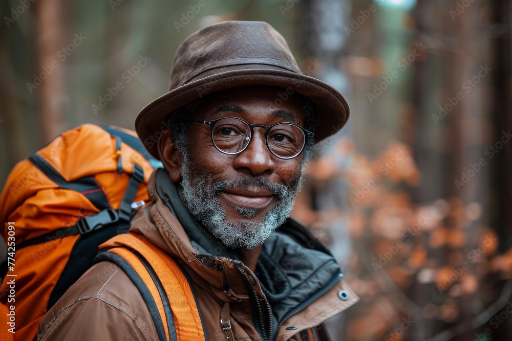 An older man with a hat and beard smiles warmly while wearing a backpack in a forest setting