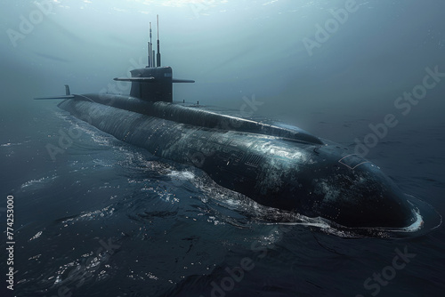 Military submarine on sea water surface