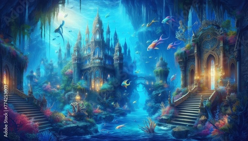 Magical Fantasy Underwater Kingdom Scene Background Wallpaper photo