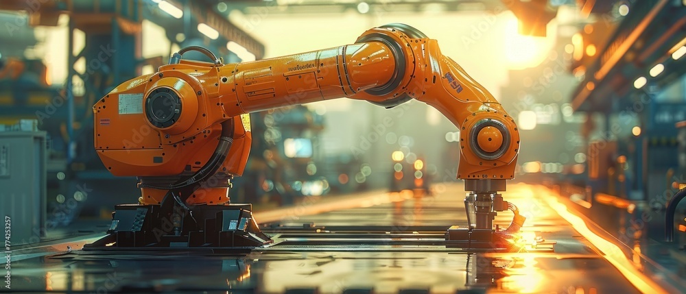 Against the backdrop of a setting sun, the robotic arm stands sentinel over the factory floor, its sleek contours illuminated by the last rays of daylight.