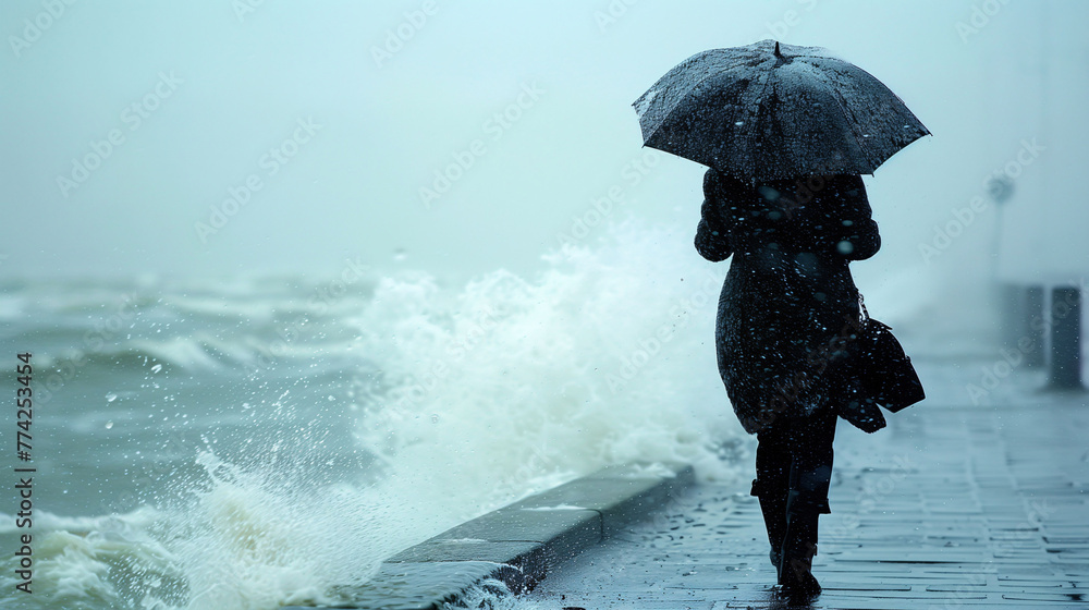 Person with umbrella braving a stormy seafront, with strong winds and waves crashing over the promenade. - obrazy, fototapety, plakaty 
