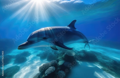 Underwater photography of a swimming dolphin in the sea with reefs and sun rays
