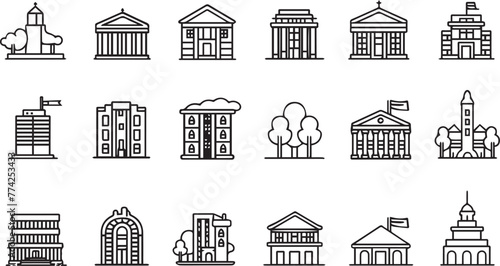 Buildings thin line vector icons black on white background