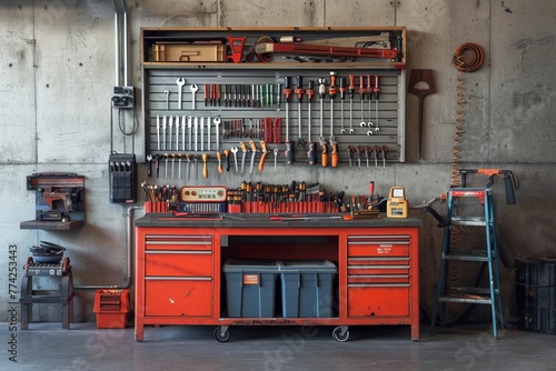 old workbench. vintage working area with rusty material and tools hanging on the wall. 
