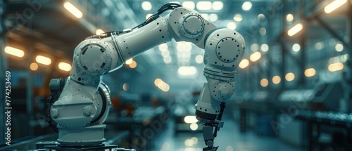 Against the backdrop of the factory's industrial landscape, the robotic arm moves with mechanical precision, its movements a ballet of steel and circuitry.