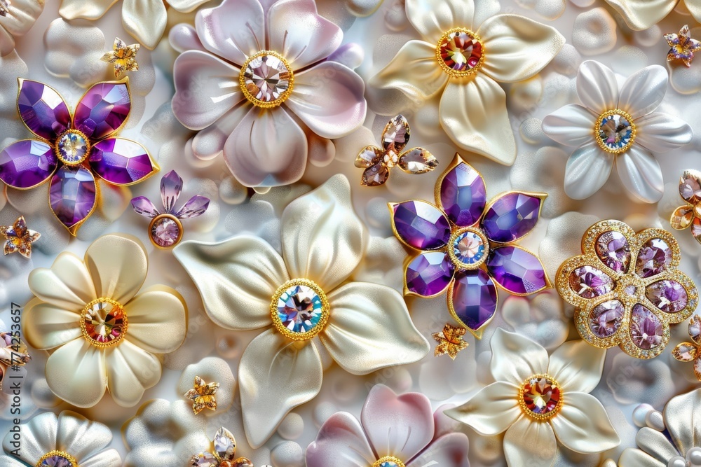 Gems from a crown intertwine with delicate floral motifs, embodying the splendor and grace of royalty, with flowers and jewels merging in dance of color and light created with Generative AI Technology