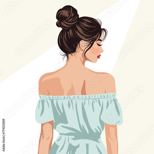 Vector flat fashion illustration of a young beautiful woman with a messy bun of hair on her head, wearing an elegant dress with bare shoulders. Back view.
