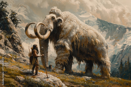 Obraz na plátně primitive man with a huge mammoth