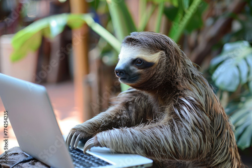 Slow sloth working on computer, deadline concept