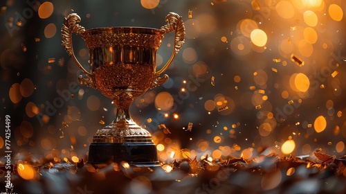 Golden trophy cup with confetti on a bokeh light background.