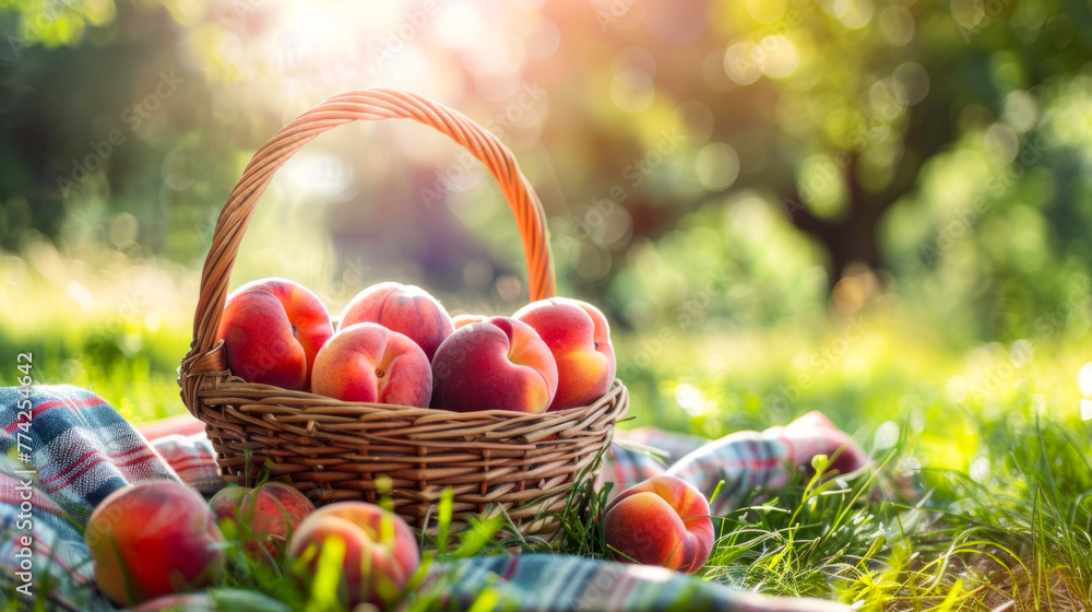 Peaches in a basket on a picnic blanket in orchard in a sunny day Peaches in a basket on a picnic blanket in orchard in a sunny day